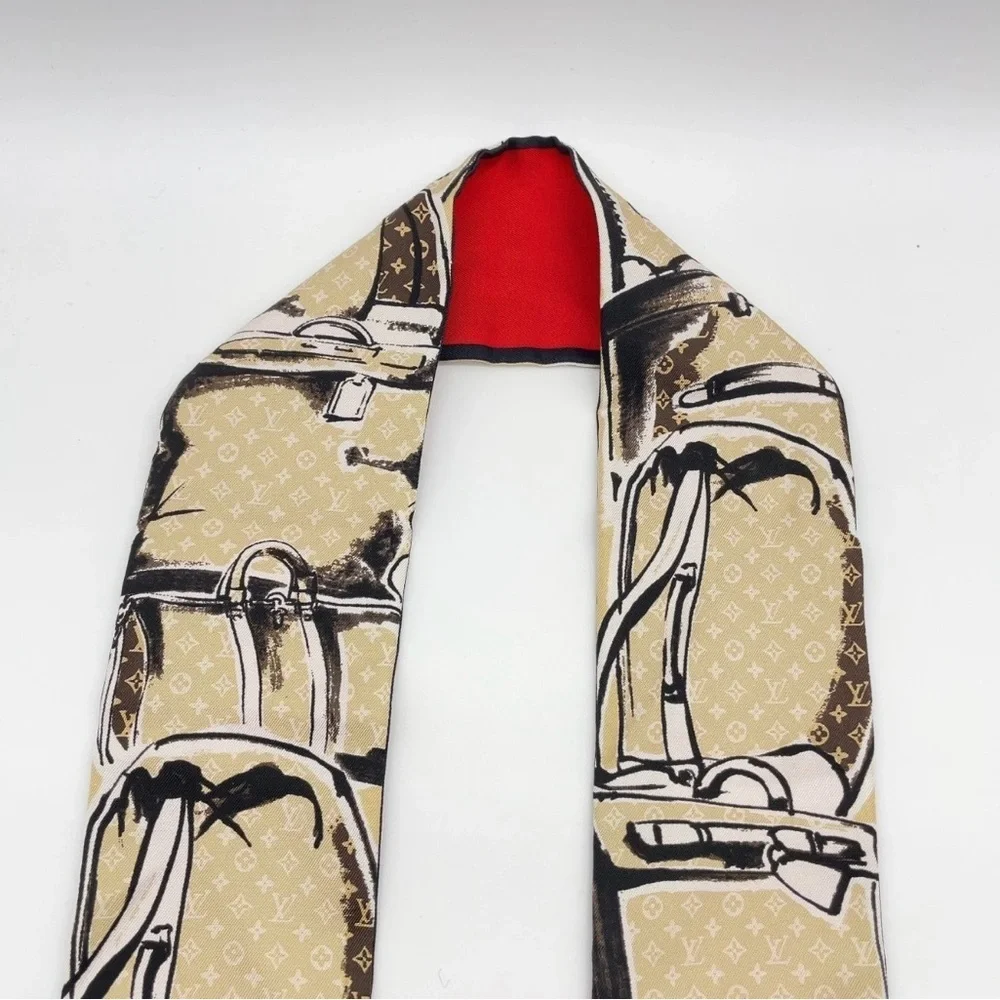 Auth Louis Vuitton Twilly Monogram Bandeau Red Silk Scarf/WB